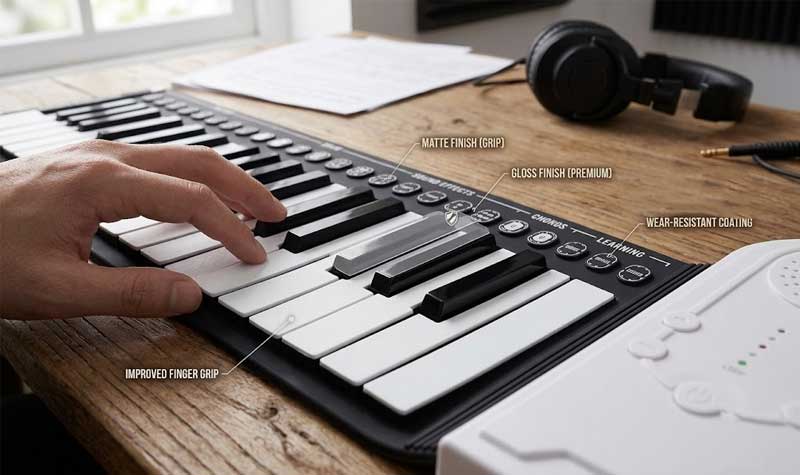 A person presses on a Silicone Piano Keyboard showing different matte and gloss surface textures on a wooden table