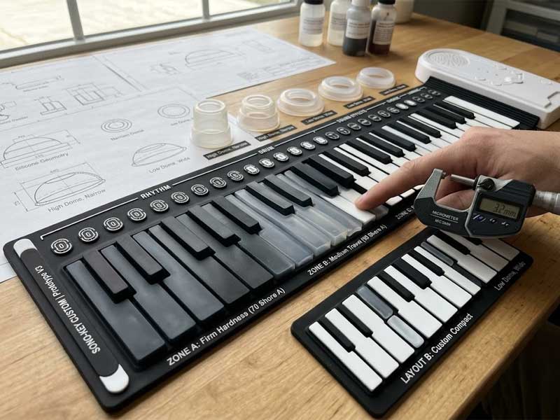 A person uses a micrometer to measure the key travel on a custom Silicone Piano Keyboard sample next to design blueprints