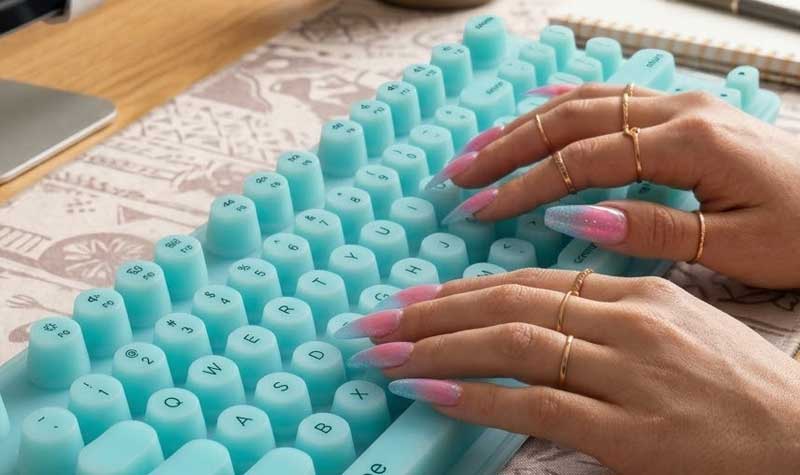 A person with long decorated nails types on a uniquely tall and widely spaced light blue Silicone Keyboard for Long Nails