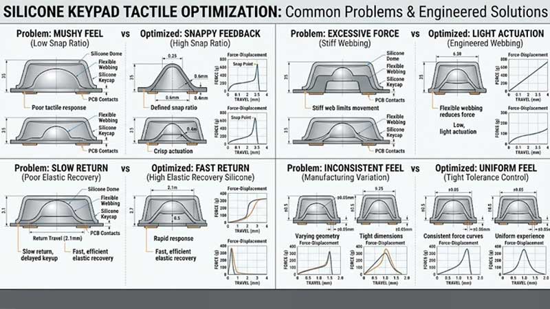 A professional engineering comparison image showing common silicone keypad tactile problems and their solutions