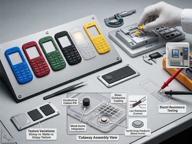 A professional laboratory workspace displays various colorful Silicone Mobile Phone Keypads tactile material samples and testing equipment