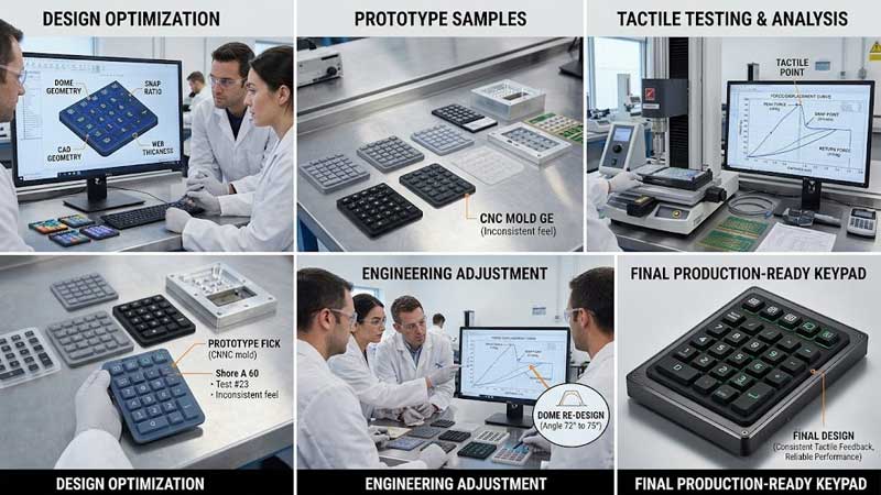A professional silicone keypad prototype optimization workflow showing multiple development stages