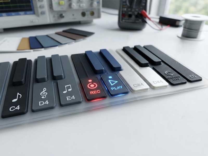 A realistic view of a custom silicone piano keyboard featuring custom colors printed notes and functional indicators on a workbench