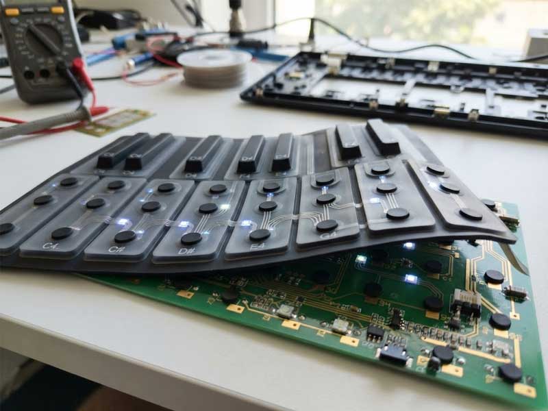 A realistic view of a custom silicone piano keyboard partially peeled back from a green PCB showcasing conductive carbon pills and integrated LEDs