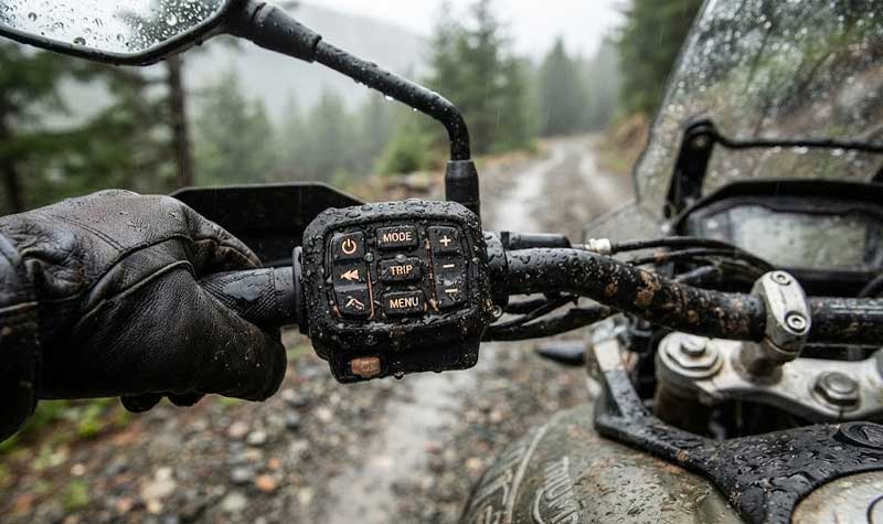 A riders gloved hand operates a ruggedized Motorbike Silicone Keypad mounted on a handlebar covered in raindrops and dirt during an outdoor ride