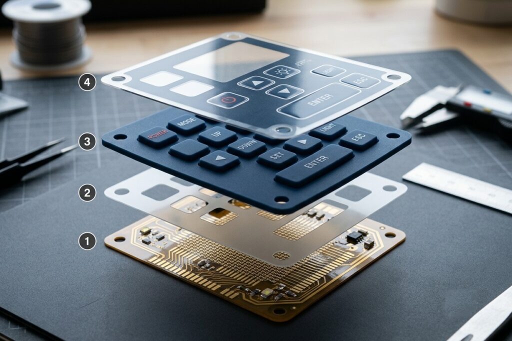 A silicone membrane switch construction with silicone keypad, spacer, film, and circuit that manufactured by distinct cutting techniques