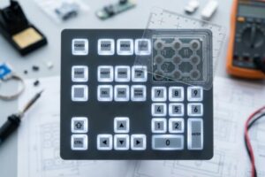 A silicone rubber keypad design that focuses on spacing and layout of keys to integrate with backlight and function zones