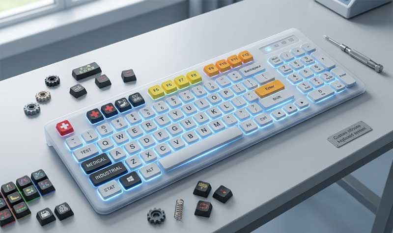 A specialized silicone computer keyboard with medical industrial and yellow function keys sits backlit on a white desk alongside tools and loose parts