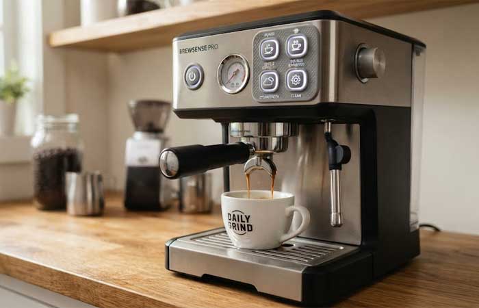 A stainless steel and black espresso Coffee Machine Silicone Keypads setup is shown on a wooden countertop with espresso pouring into a branded white cup