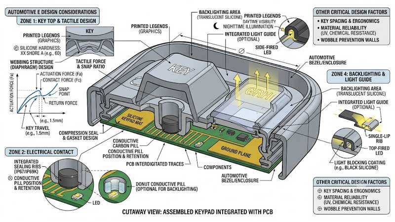 A technical engineering illustration showing the key design considerations of an automotive silicone keypad