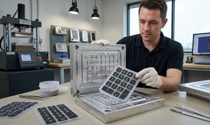 A technician holds a molded silicone keypad prototype next to its soft tooling aluminum mold on a workbench