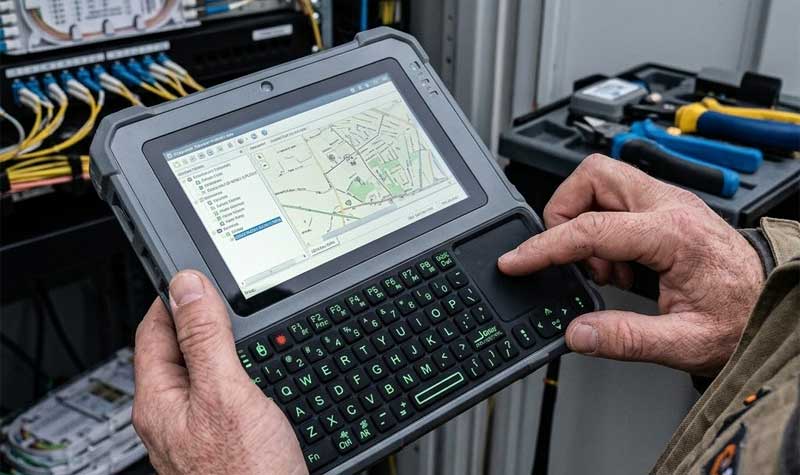 A technician operating a handheld terminal with a built in Silicone Keyboard with Touchpad in a server room setting