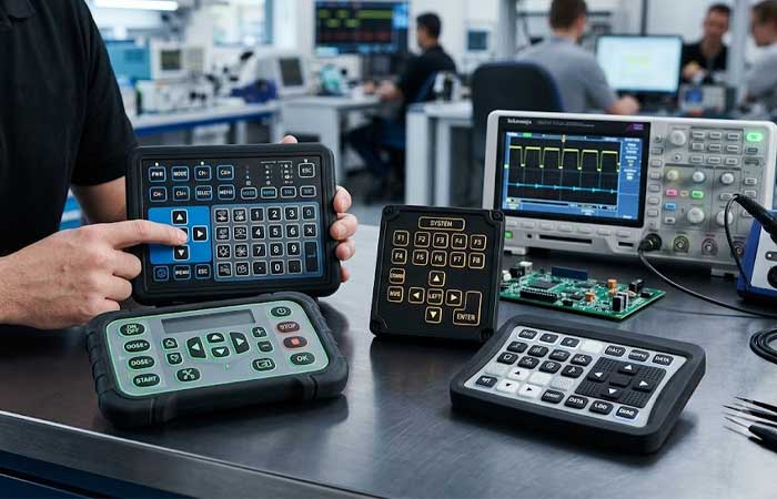 A variety of custom overmolded silicone keypads are displayed on a laboratory workbench next to electronic testing equipment and circuit boards