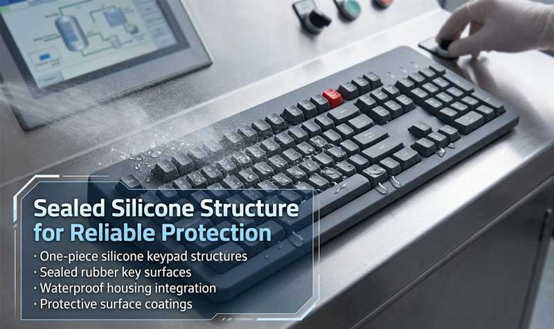 A waterproof silicone computer keyboard withstands water spray on an industrial control panel demonstrating its sealed protection