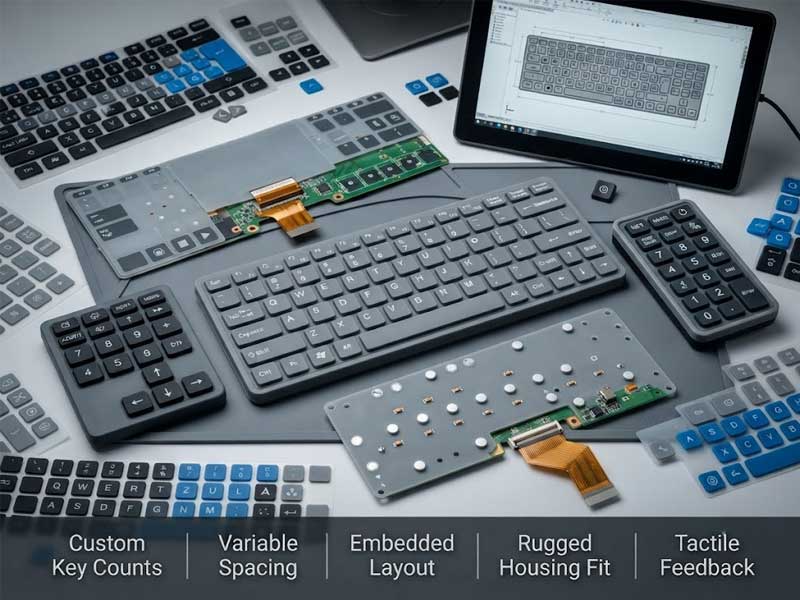 A workbench displaying various customizable layout options and components for a Laptop Silicone Keyboard
