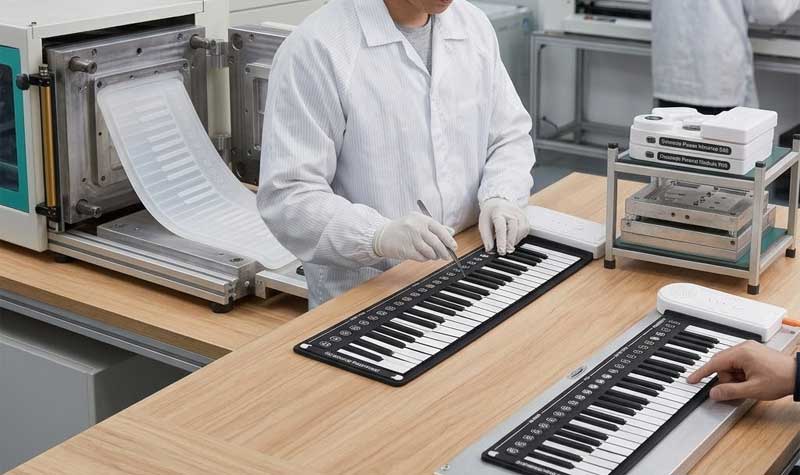 A worker in a white uniform inspects a Silicone Piano Keyboard at a manufacturing assembly station