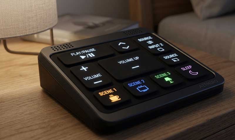 An AETHERO smart controller with multicolored backlit Light Guide Silicone Keypads sits on a wooden bedside table