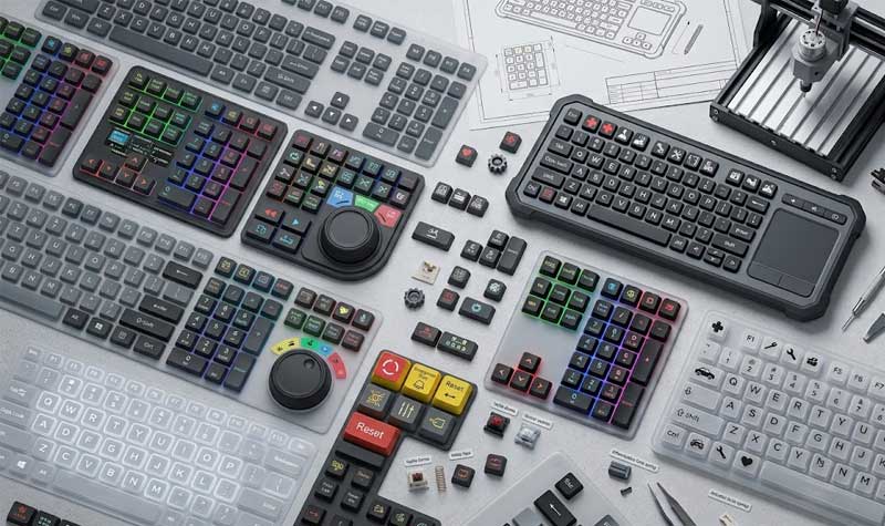 An assortment of custom silicone computer keyboard layouts numeric keypads and loose keys arranged across an engineering workspace
