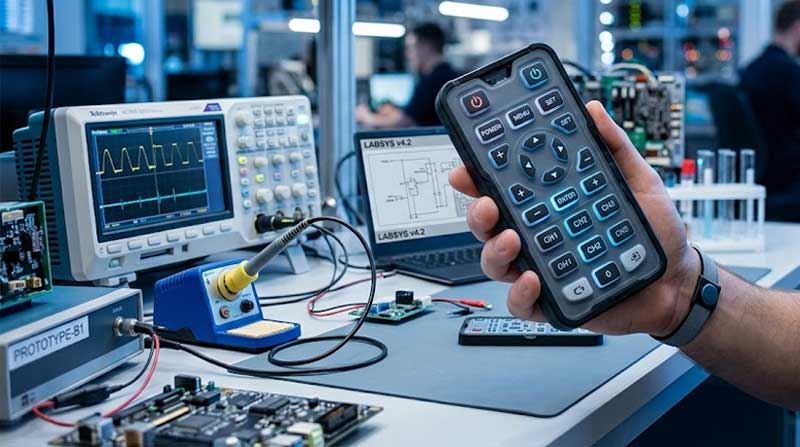 An engineer holds an overmolded silicone keypad prototype inside a high tech electronics laboratory with an oscilloscope and circuit boards in the background