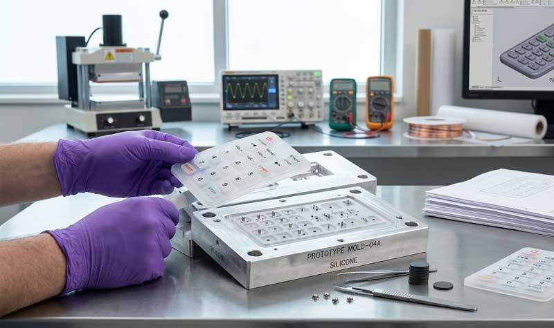 An engineer inspects a custom silicone keypad prototype next to its aluminum mold and CAD software in a laboratory