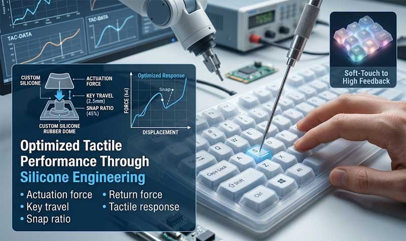 An engineering diagram highlights tactile performance metrics next to a white silicone computer keyboard being tested for key response