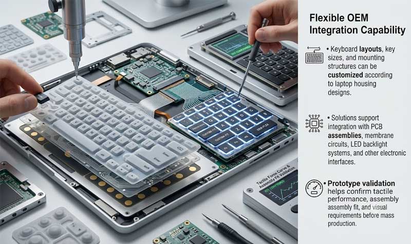 An exploded view of a white Laptop Silicone Keyboard being integrated into a notebook housing with PCBs and backlit circuits during assembly