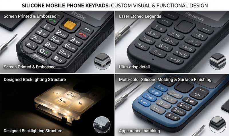 An infographic matrix displaying four distinct examples of Silicone Mobile Phone Keypads