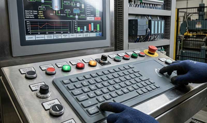 An operator in work gloves using an industrial Silicone Keyboard with Touchpad integrated into a control panel in a factory setup
