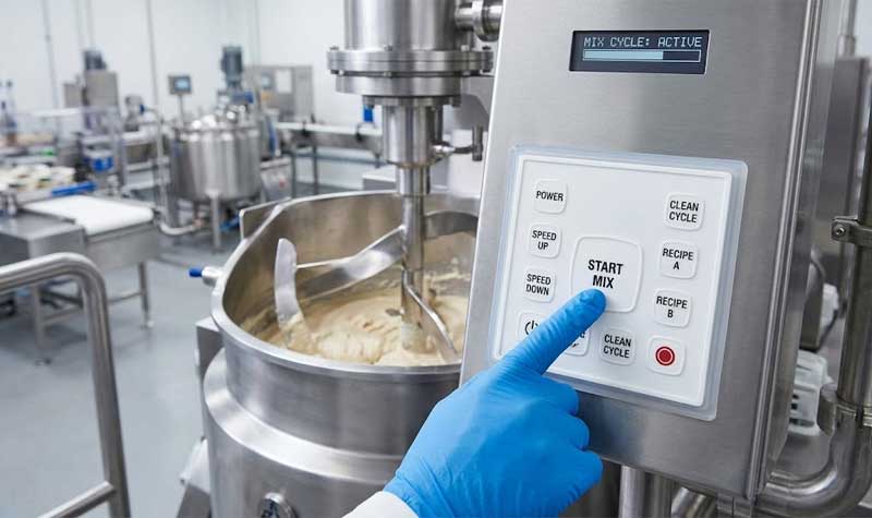 An operator uses a Hygienic Silicone Keypad on a stainless steel control panel in a food processing plant