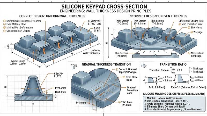 Detailed silicone keypad cross section engineering illustration showing correct and incorrect wall thickness designs