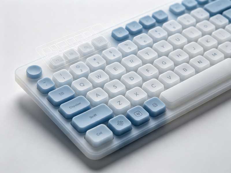 Display of multiple silicone computer keyboard samples with varied key shapes sizes and custom layouts on pure white background