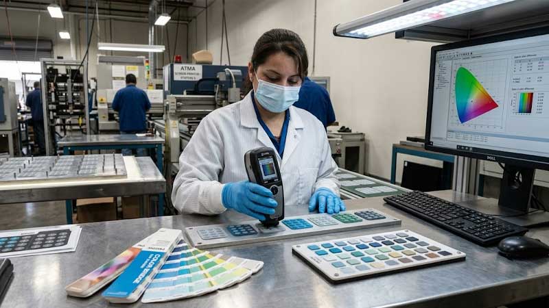 Engineer comparing silicone keypad colors using color samples and digital color measurement equipment