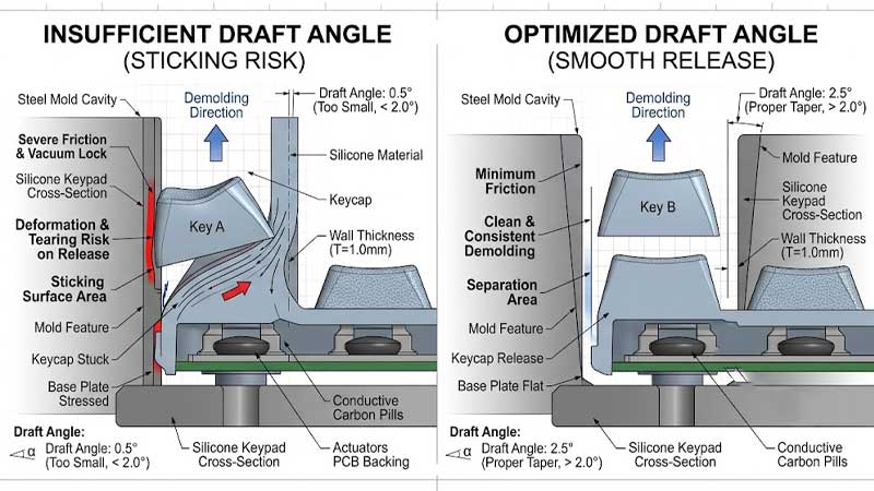Engineering comparison illustration showing silicone keypad demolding with insufficient draft angle versus optimized draft angle