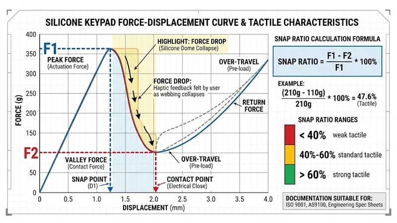 Engineering infographic showing a silicone keypad force displacement curve