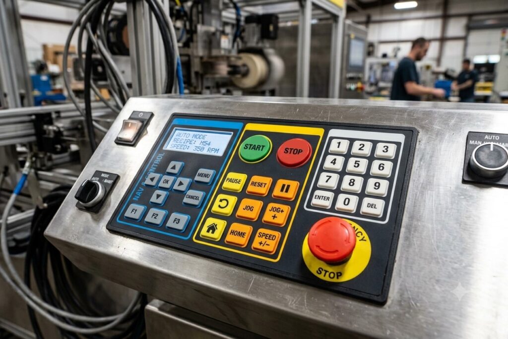 Ergonomic design with function zoning, proper key spacing and layout, colored silicone buttons in a user interface with silicone rubber keypads in an industrial control console