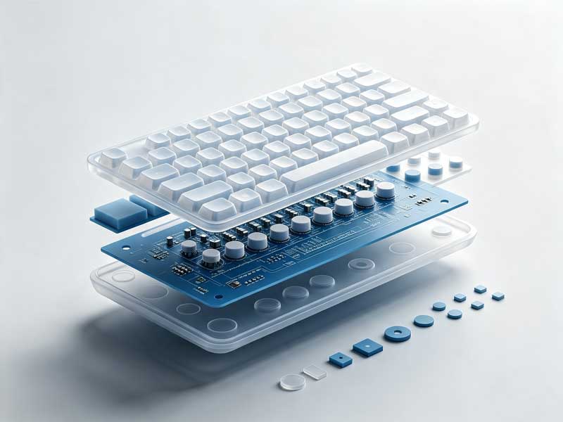 Exploded 3D view of silicone computer keyboard displaying layered silicone rubber conductive contacts and circuit board on light gray background
