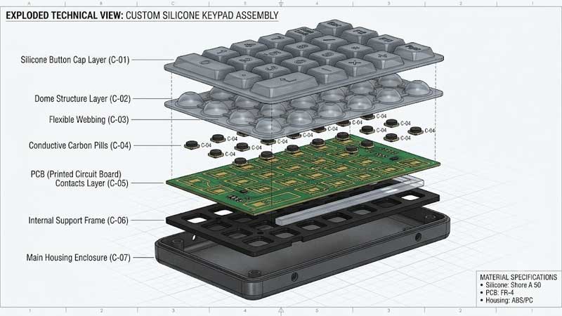 Exploded technical view of a custom silicone keypad