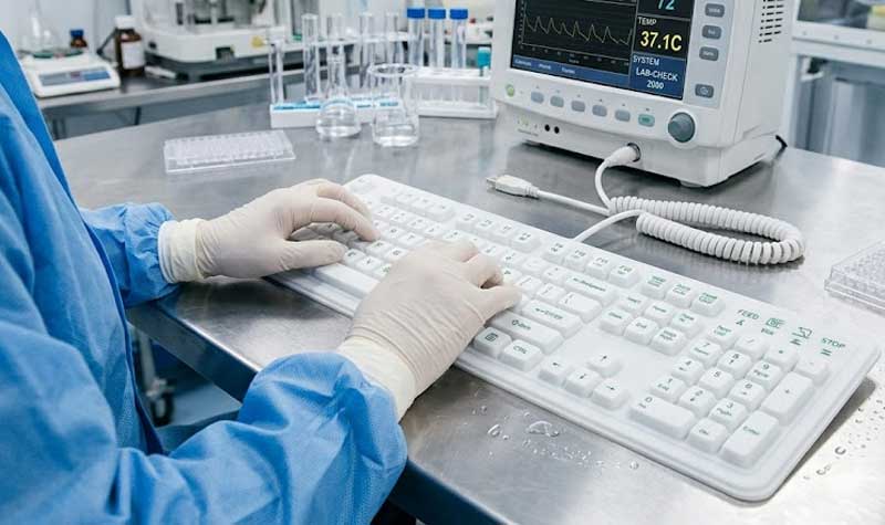 Gloved hands typing on a hygienic white Silicone USB Keyboard next to a patient monitor in a clean medical laboratory