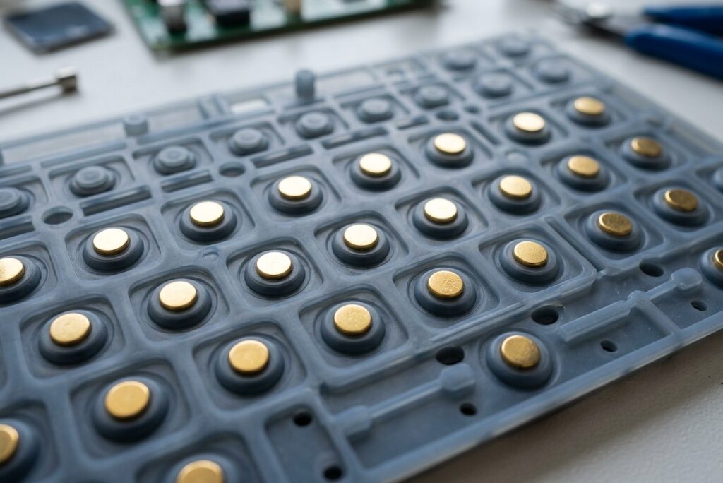 Gold-plated carbon pills in a silicone rubber keypad with low resistance and excellent stability