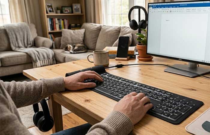Hands typing on a flexible black Silicone USB Keyboard connected to a desktop computer setup on a cozy wooden desk