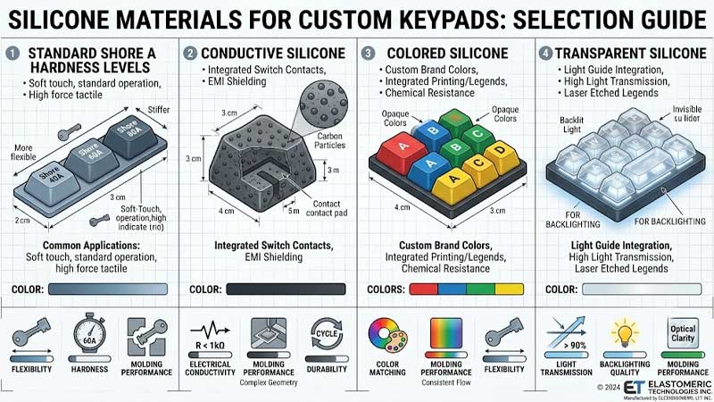 Industrial engineering illustration showing different silicone materials used in custom keypads