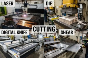 Laser cutting, die cutting, digital knife cutting, and shear cutting processes in user interfaces manufacturing with silicone Keypad