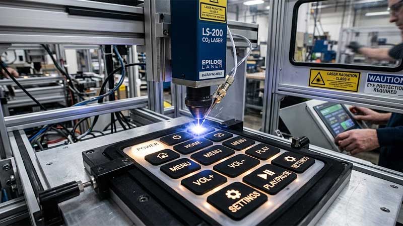 Laser engraving machine creating backlight symbols on silicone keypads