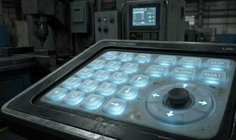 Light Guide Silicone Keypads on an industrial HMI control panel featuring backlit illuminated buttons inside a factory setting
