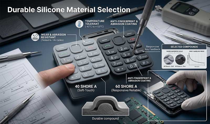 Silicone Mobile Phone Keypads in different Shore hardness options alongside technical specification charts material diagrams and surface coating indicators on a laboratory workbench