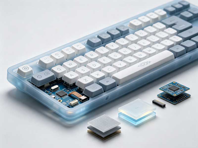 Silicone computer keyboard samples demonstrating printing laser marking LED backlighting and PCB electronic integration on clean white industrial background