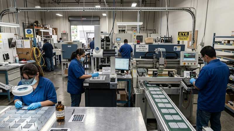 Silicone keypad manufacturing quality control line multiple inspection stages including printing inspection dimensional checking and final product testing