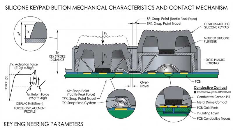 Technical cross section illustration of a silicone keypad button showing key engineering parameters