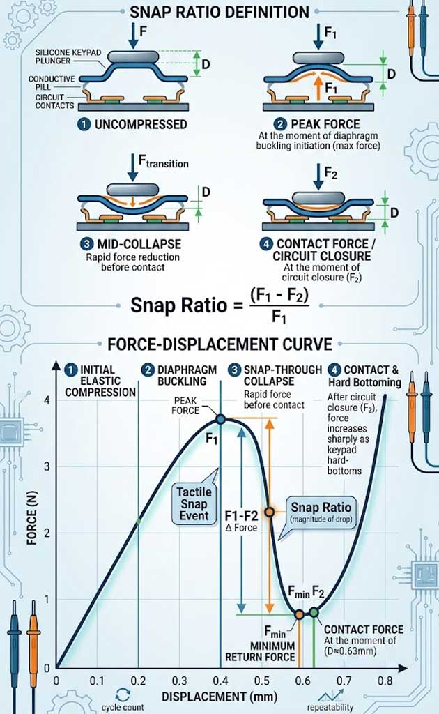 Technical diagram illustrating the mechanical definition of Snap Ratio and force displacement curve behaviors for a silicone rubber keypad 1