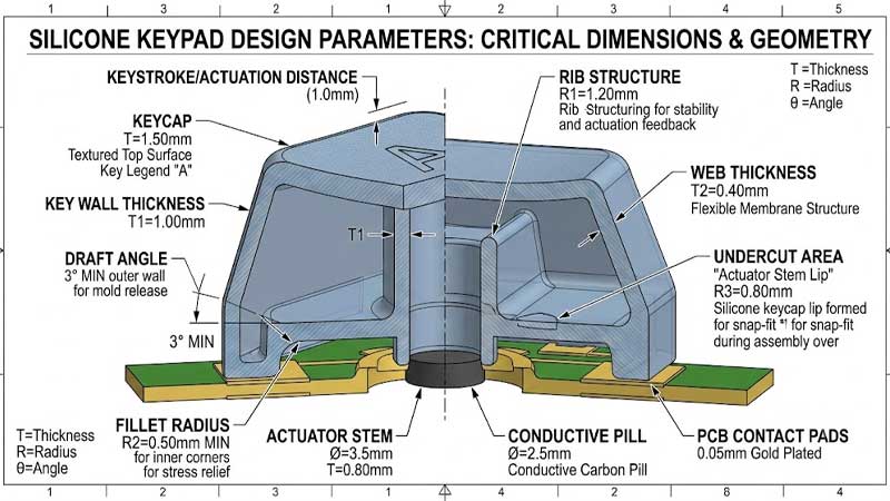 Technical infographic showing the key design parameters of a silicone keypad